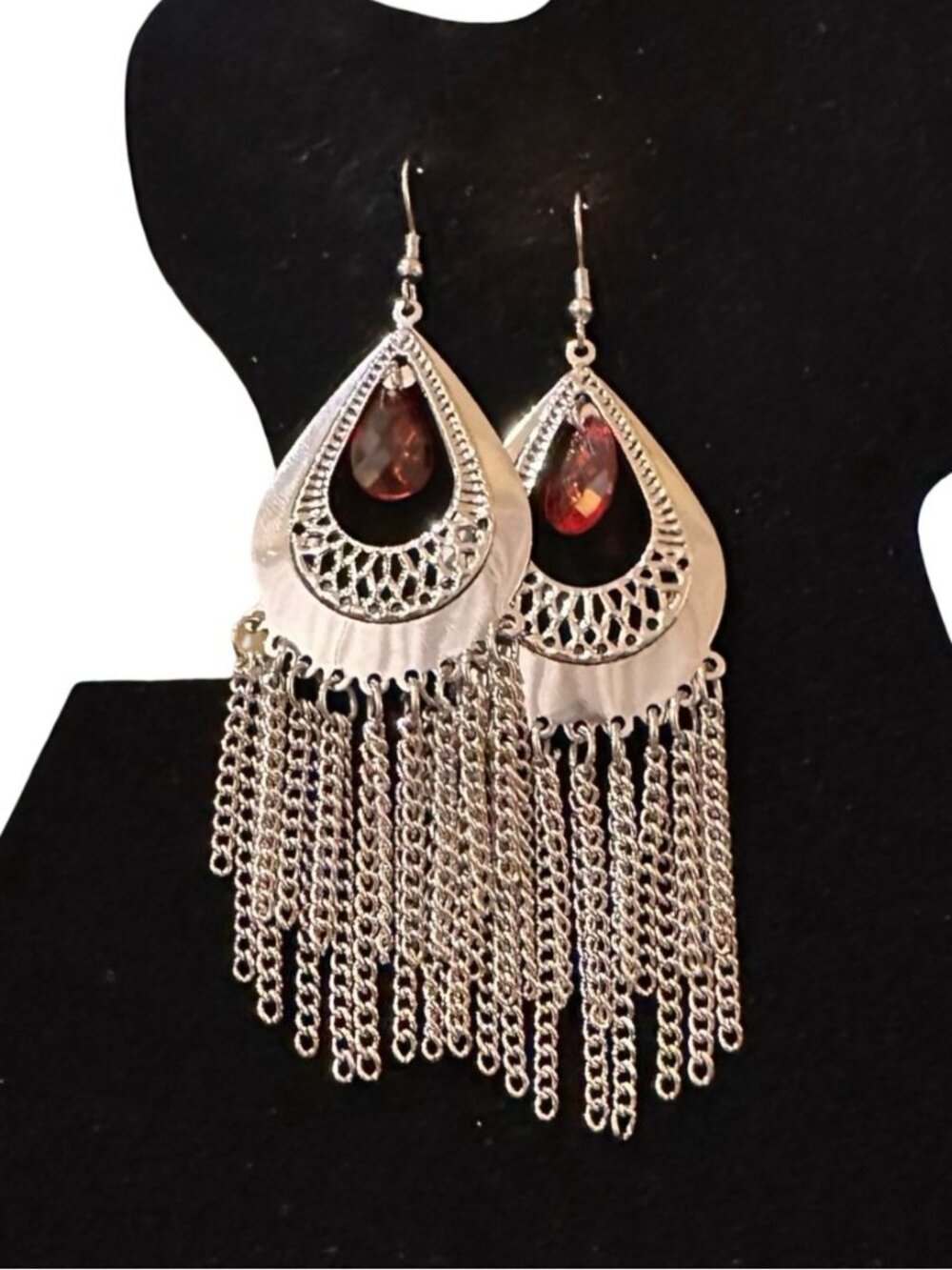 Silver Tone Chandelier Dangle Earrings Red Teardrop Gemstone Chain Tassels NWOT